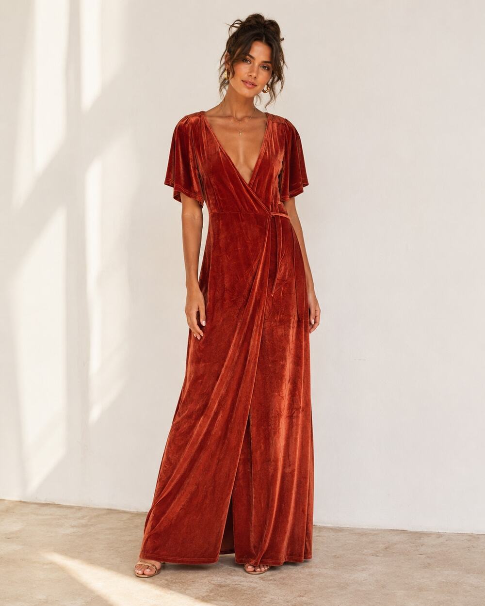 Baltic Born Orange Velvet Wrap Maxi Dress Womens L Fall Boho Hippie Classic